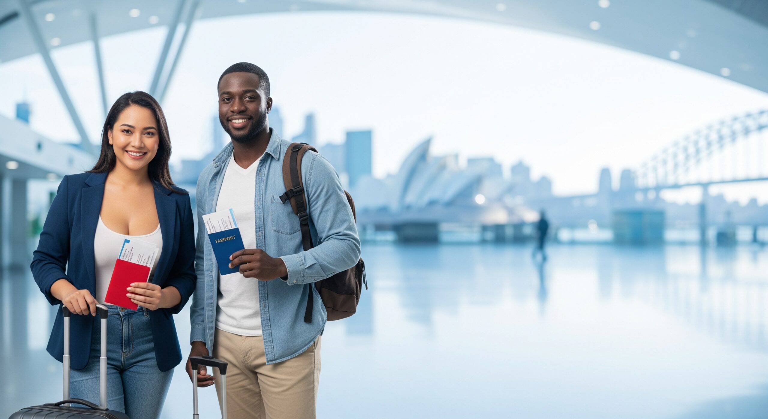 Visitor Visa 600 Australia – Filipino and African travellers with passports and luggage at an Australian airport.