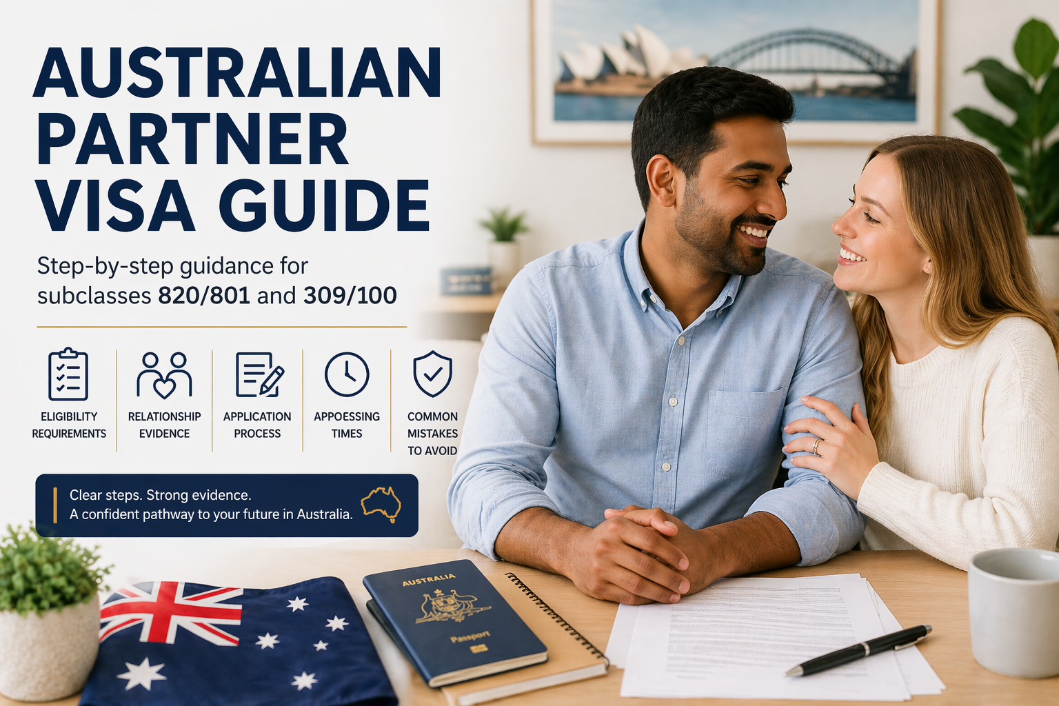 Indian man and Australian woman couple discussing partner visa application documents Australia