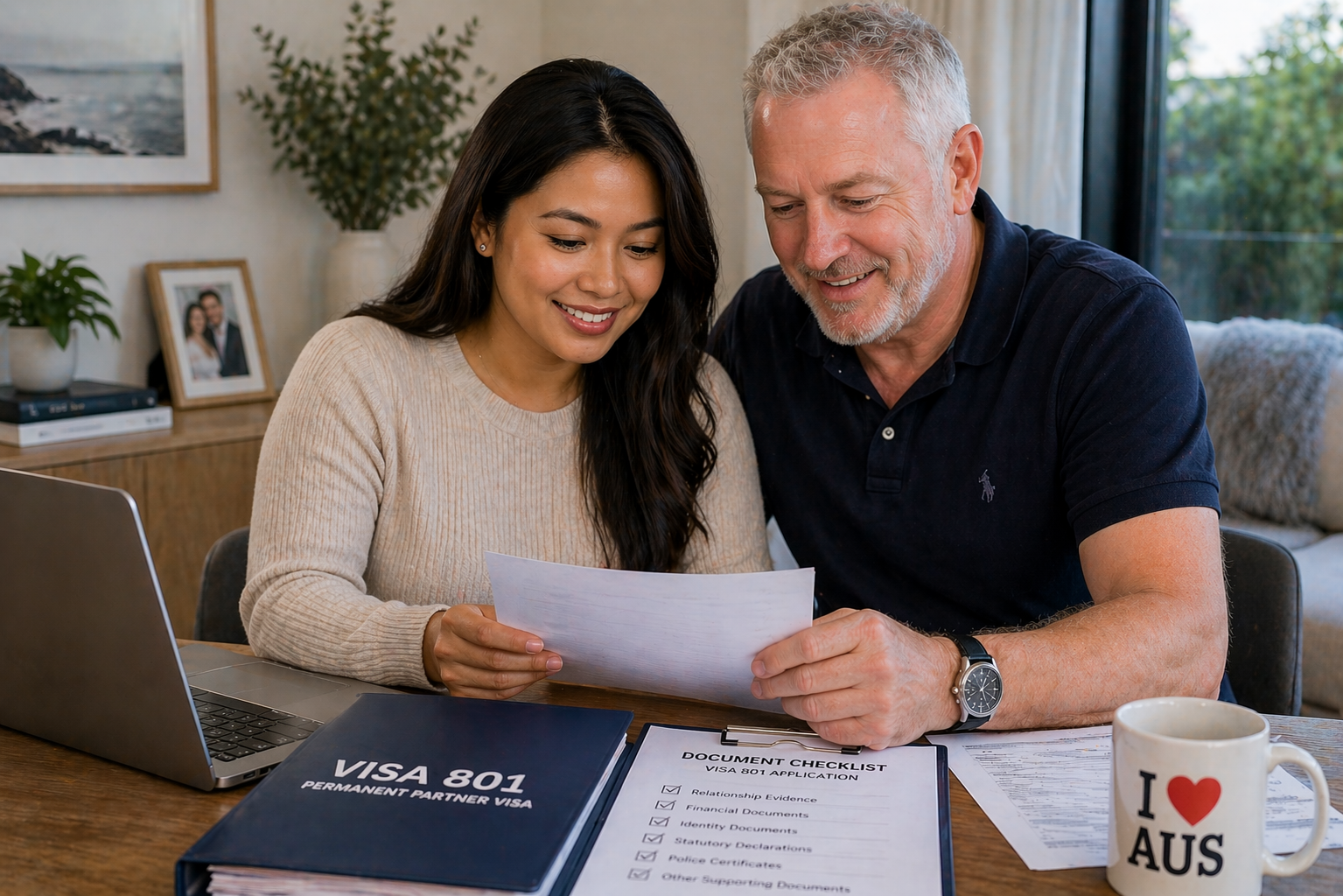 long term couple reviewing visa 801 Australia documents ongoing relationship evidence