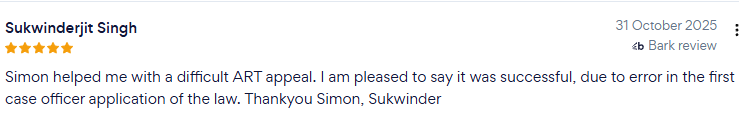 Client review for successful ART appeal handled by Simon Mander Consulting
