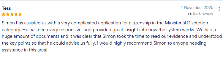 Client review for Ministerial discretion and citizenship matter handled by Simon Mander Consulting