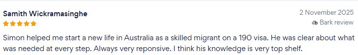 Client review for successful 190 visa skilled migration matter handled by Simon Mander Consulting