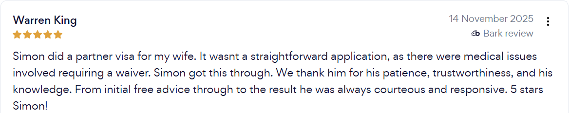 Client review for successful Australian partner visa health waiver case handled by Simon Mander