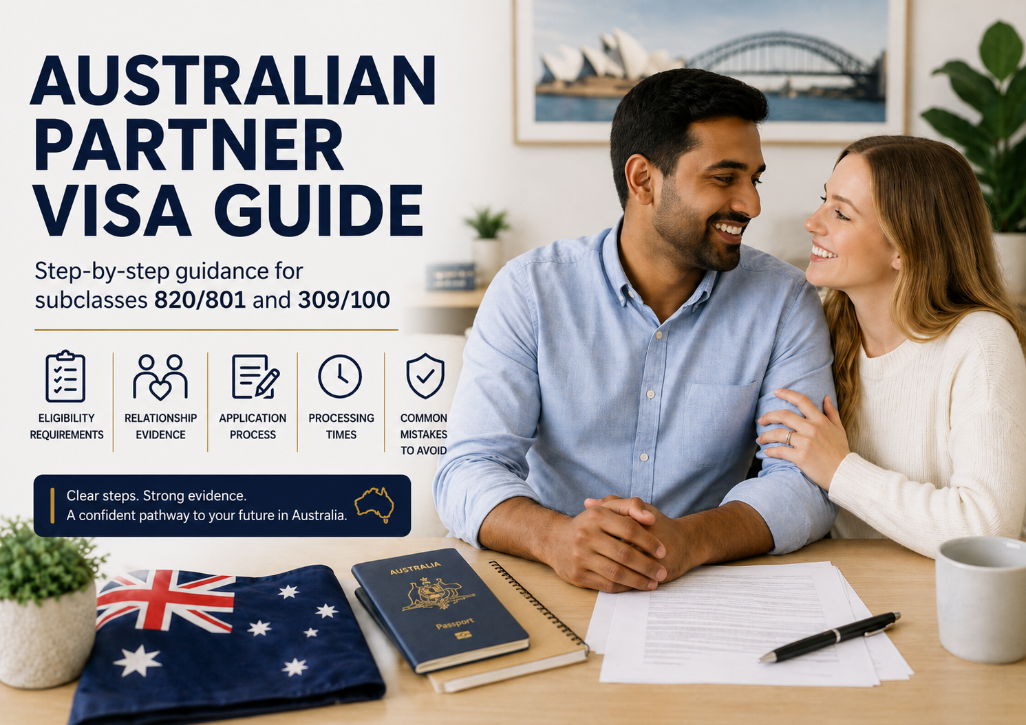 Indian man and Australian woman couple discussing partner visa application documents Australia