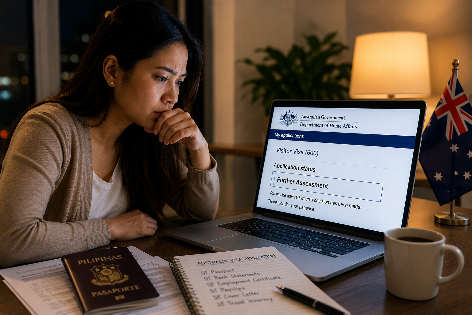 Further Assessment Philippines Filipino applicant checking an Australian visa application showing Further Assessment in ImmiAccount