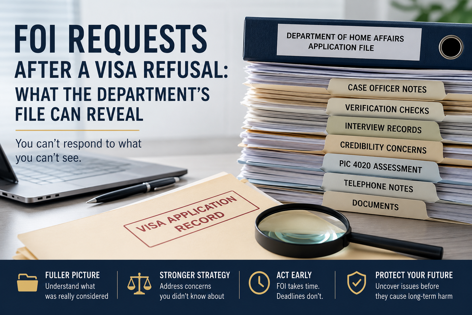 FOI Requests After a Visa Refusal Department of Home Affairs visa application file, case records and documents being reviewed after a visa refusal