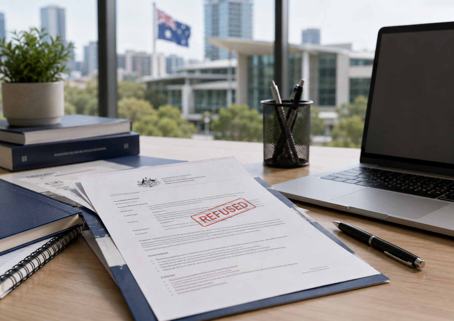 Student Visa Refused in Australia Australian student visa refusal decision on a study desk with university materials and a laptop