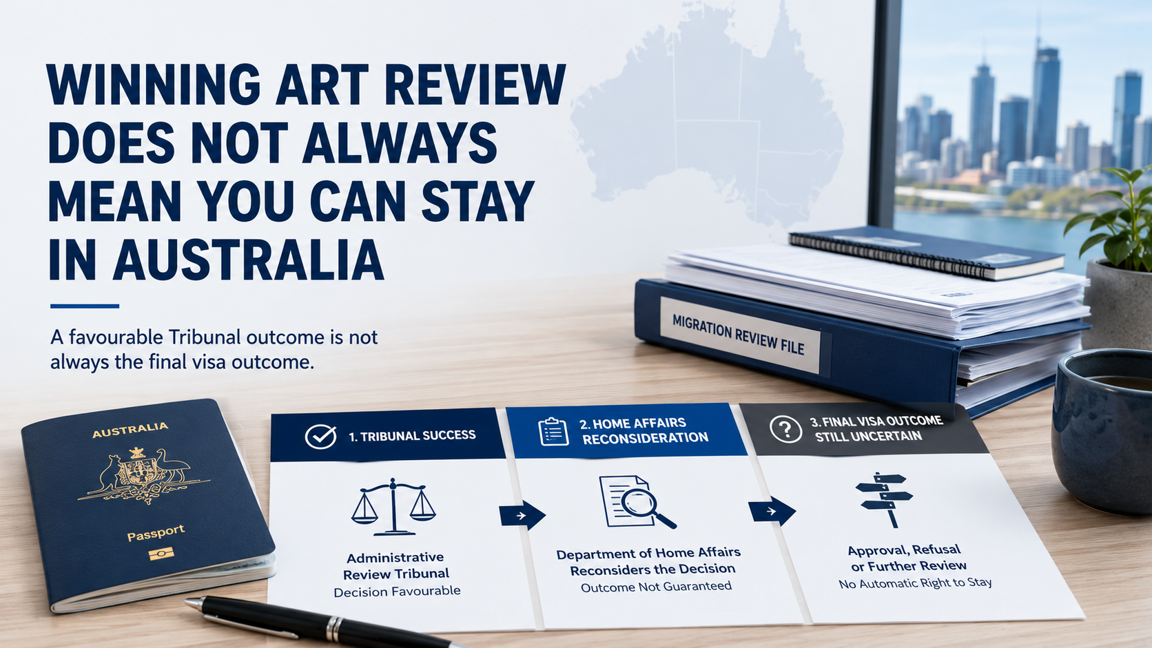 Winning ART Review Does Not Always Mean You Can Stay in Australia Diagram showing that a favourable ART review outcome may still require Home Affairs reconsideration before a visa is granted