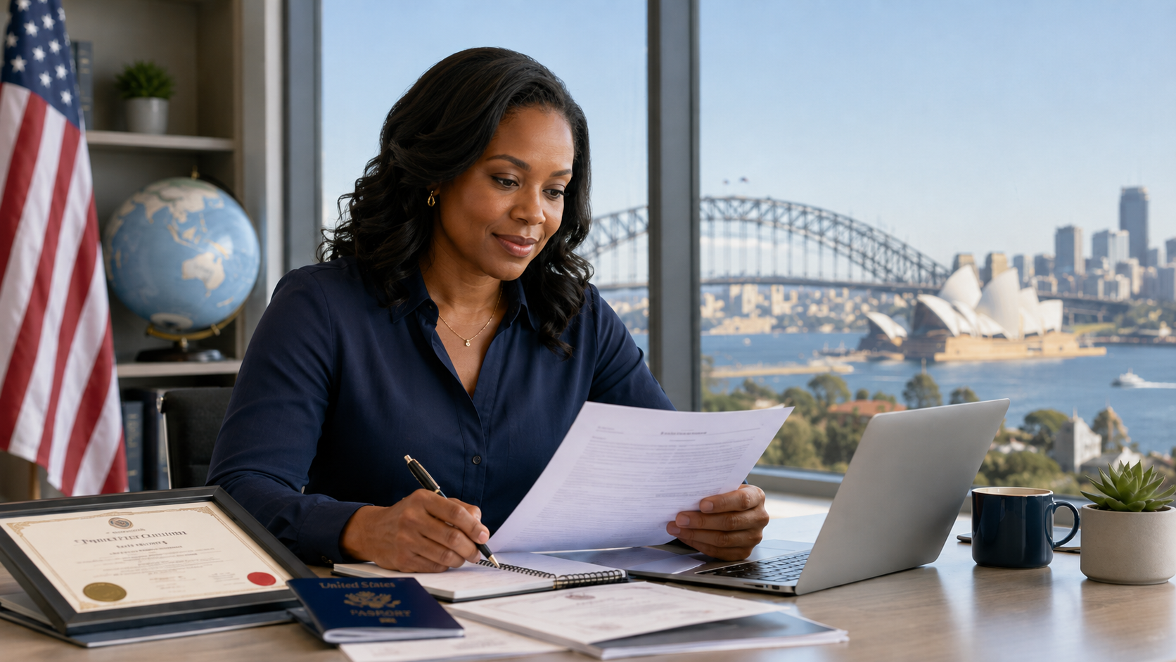 American professional preparing documents for an Australian migration skills assessment